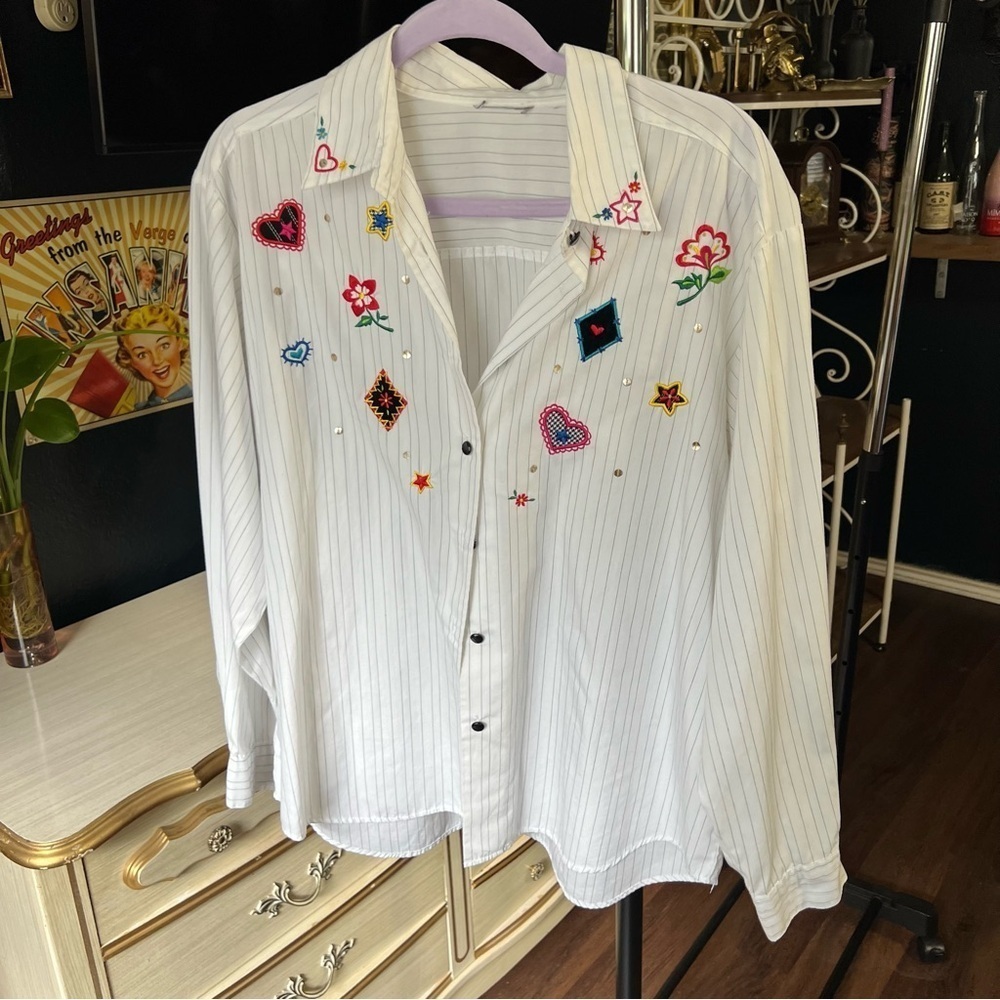 Vintage Y2K Striped Doodle Button-up Blouse S-L